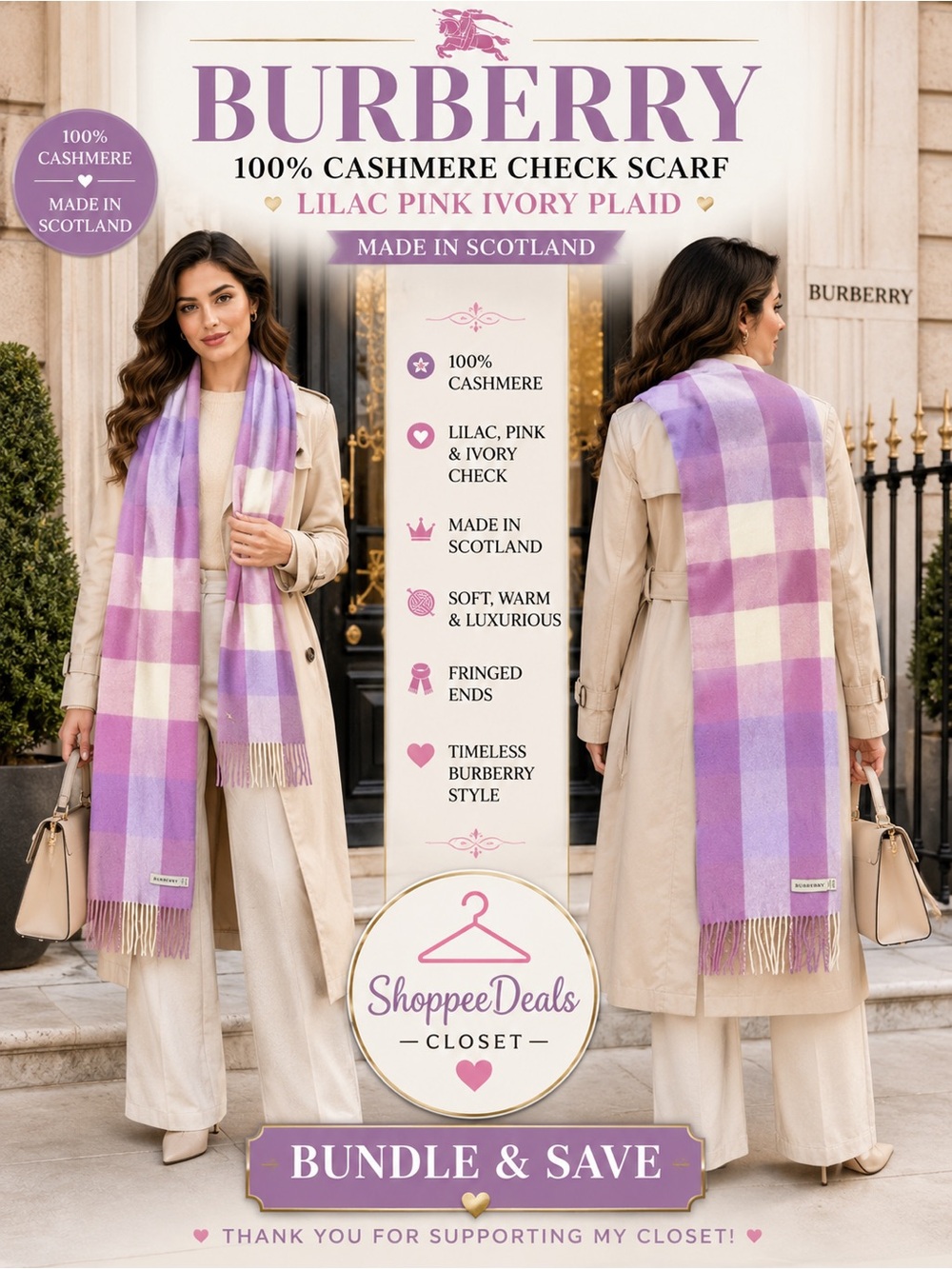Burberry 100% Cashmere Check Scarf Lilac Pink Ivory Plaid Fringe Made Scotland